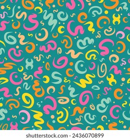 Curved calligraphy lines in vector seamless pattern in carpet design style. Attractive ornament with colorful curly lines on teal backdrop. Creative art texture for printing on different surfaces.