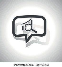 Curved chat bubble with bar graphic under loupe and shadow, on white