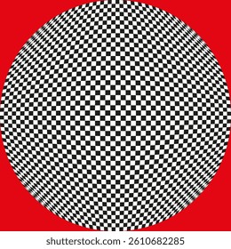 Curved checker sphere. Optical illusion background. Black red contrast. Vector warped pattern.