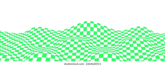 Curved checkered background. Warped pattern with green and white squares. Undulate chessboard, textile plaid, tile floor surface. Vector flat illustration.
