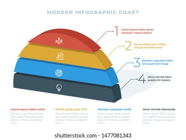 Curved Circle Pyramid 3D info chart graphic for business design. Reports, step presentations in cone shape with icons and description beneath. - Vector EPS