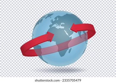 Curved circle shape red arrow around planet Earth. Business infographic presentation. Investment and financial growth concept. Trading stock news impulses. Trade infographic. Realistic 3d vector