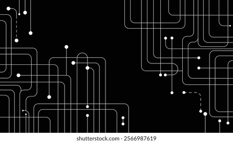 Curved Circuit Lines with Dots on Black Background