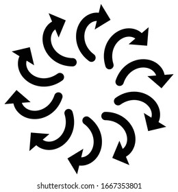 Curved circular arrow. Radial, concentric pointer for spin, orbit, twine concept. Twist, cycle, rotary cursor design