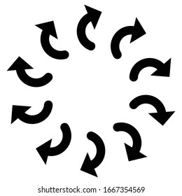 Flecha circular curvada. Puntero radial, concéntrico para el concepto de giro, órbita, doble. Diseño del cursor giratorio