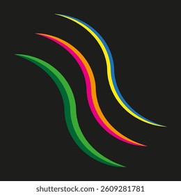 Curved color stripes. Wavy neon lines. Abstract motion elements. Vector black background.