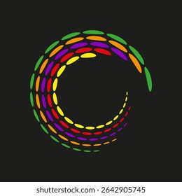 Curved color swirl. Circular vector shape. Rainbow drop motion. Black background contrast.