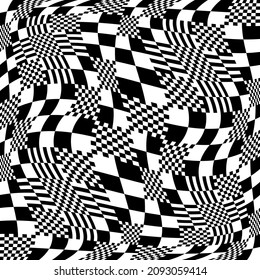 Fondo abstracto del ajedrez convexo curvo. Tejido de cuadros de color blanco y negro sin filtro vectorial.
