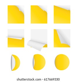 Curved corner paper set yellow  Sticky papers with page curls Round and square stickers