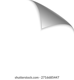 Gekrümmtes Eckpapier mit Schatten. Ecke mit gerollter Kante. Seitencurl einzeln auf transparentem Hintergrund. Aufkleber aufgerollt, Banner abziehen, gebogenes Blatt