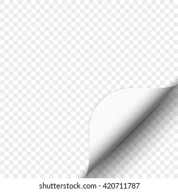 Curved corner of white paper with shadow on transparent background. Page curl. Vector illustration.