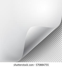 Curved corner of a white paper with shadow. Mock-ups close-up on a transparent background. Vector illustration EPS 10