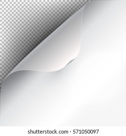 Curved corner of a white paper with shadow. Mock-ups close-up on a transparent background. Vector illustration EPS 10