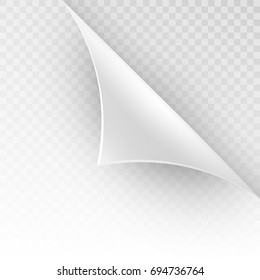 Curved corner of a white paper with shadow. Close-up of mock-ups for your design on a transparent background. And also includes EPS 10 vector