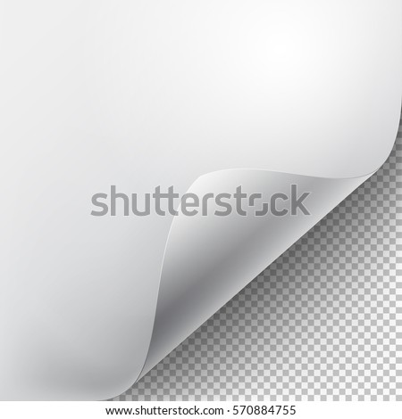 Curved corner of a white paper with shadow. Mock-ups close-up on a transparent background. Vector illustration EPS 10