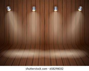 Curved dark wooden background with spotlights. Presentation and mockup platform. Vector Illustration.