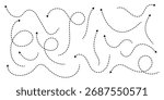 Curved dashed arrow with loop icon on white background. Dashed arrows doodle dot line arrows set. Vector dots linear arrow set, dashed dotted moving navigation directionals. Set of hand drawn arrows