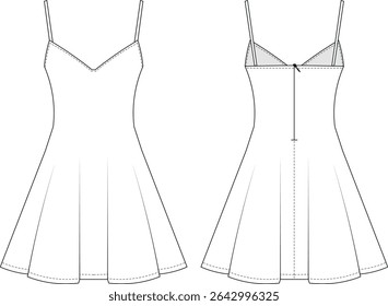 curved deep v neck sleeveless strapped strappy spaghetti straps zippered a line short mini dress fit and flared template technical drawing flat sketch cad mockup fashion woman design style model 