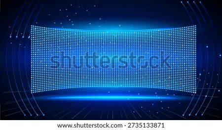 curved display is filled with bright blue dots and lines. The scene is set in a dark space, creating a high-tech feel for a modern event. It showcases digital technology.