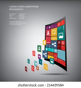 Curved display smartphone with flat design user interface with space for text suitable for infographics or advertisement. Eps10 vector illustration.