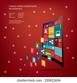 Curved display smartphone with flat design user interface with space for text suitable for infographics or advertisement. Eps10 vector illustration.