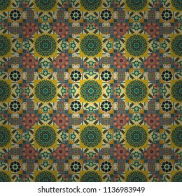 Curved doodling background. Ethnic colorful doodle texture in brown, blue and yellow colors. Tracery seamless pattern in Mehndi style. Vector illustration.