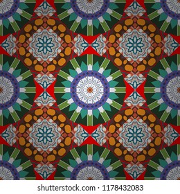 Curved doodling background. Ethnic colorful doodle texture. Mehndi design in blue, brown and green colors. Tracery seamless pattern. Vector illustration.