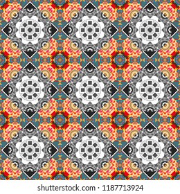 Curved doodling background. Ethnic colorful doodle texture in gray, white and beige colors. Tracery seamless pattern in Mehndi style. Vector illustration.