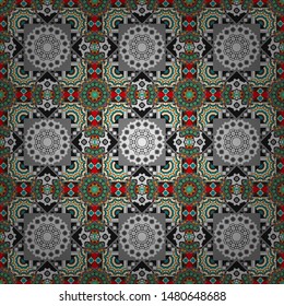 Curved doodling background. Ethnic colorful doodle texture in gray, brown and blue colors. Vector illustration. Tracery seamless pattern in Mehndi style.