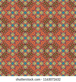 Curved doodling background. Mehndi design in red, blue and yellow colors. Tracery seamless pattern. Ethnic colorful doodle texture. Vector illustration.