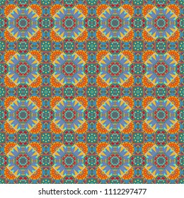 Curved doodling background. Tracery seamless pattern in Mehndi style. Ethnic colorful doodle texture in yellow, blue and brown colors. Vector illustration.