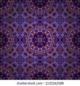 Curved doodling background. Tracery seamless pattern. Vector illustration. Ethnic colorful doodle texture. Mehndi design in violet, brown and purple colors.