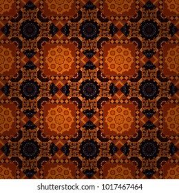 Curved doodling background. Vector illustration. Tracery seamless pattern in Mehndi style. Ethnic colorful doodle texture in black, orange and brown colors.