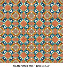 Curved doodling background. Vector illustration. Mehndi design in blue, orange and brown colors. Ethnic colorful doodle texture. Tracery seamless pattern.
