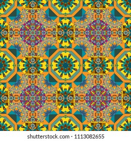 Curved doodling background. Vector illustration. Mehndi design in yellow, orange and blue colors. Ethnic colorful doodle texture. Tracery.