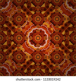 Curved doodling background. Vector illustration. Tracery seamless pattern. Mehndi design in brown, red and orange colors. Ethnic colorful doodle texture.