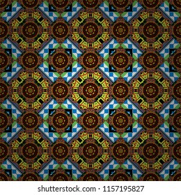 Curved doodling background. Vector illustration. Ethnic colorful doodle texture in green, orange and black colors. Tracery seamless pattern in Mehndi style.