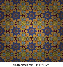 Curved doodling background. Vector illustration. Tracery seamless pattern. Mehndi design in yellow, blue and violet colors. Ethnic colorful doodle texture.