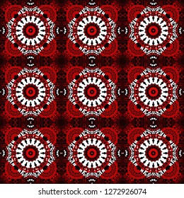 Curved doodling background. Vector illustration. Ethnic colorful doodle texture in white, black and red colors. Tracery seamless pattern in Mehndi style.