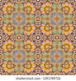 Curved doodling background. Vector illustration. Ethnic colorful doodle texture in beige, brown and orange colors. Tracery seamless pattern in Mehndi style.