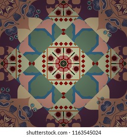 Curved doodling mehndi motif in beige, yellow and pink colors. Mehendi design. Indifferent discreet. Ethnic colorful harmonious doodle texture. Seamless calming pattern.