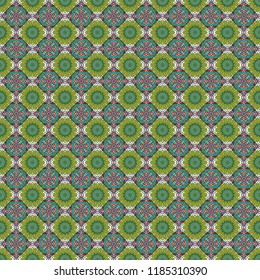 Curved doodling mehndi motif in green, blue and brown colors. Seamless calming pattern. Ethnic colorful harmonious doodle texture. Indifferent discreet. Vector mehendi design.