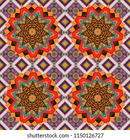 Curved doodling in orange, brown and purple colors. Tracery seamless pattern. Ethnic binary doodle texture. Mehndi design. Vector illustration.
