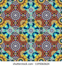 Curved doodling in yellow, gray and blue colors. Mehndi design. Ethnic binary doodle texture. Vector illustration. Tracery seamless pattern.