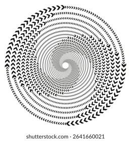 Curved dot spiral. Black white illusion. Swirling vector shape. Abstract optical motion.