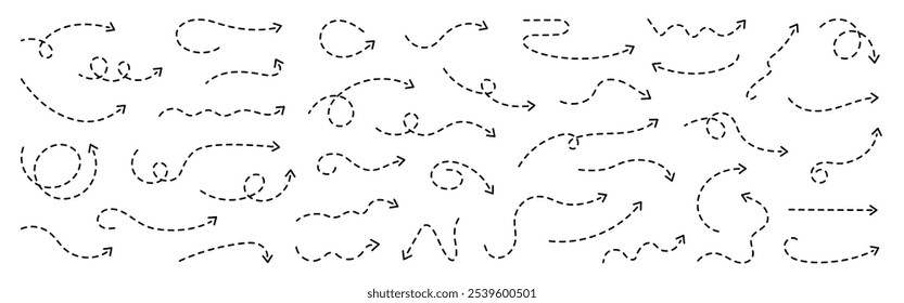 Curved dotted arrow collection. Curve dotted line, hand drawn thin line arrows set.