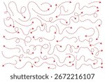 Curved dotted arrow. Collection of curved hand drawn arrows. Dash line doodle  arrows  set. Dotted zigzag arrow stripes, curved pointers. 