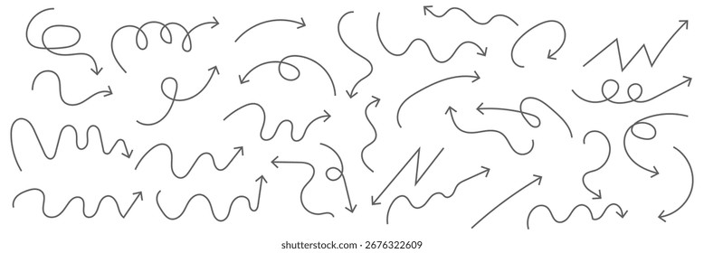 Curved dotted arrow. Collection of curved hand drawn arrows. Zigzag arrow stripes design with dotted lines.