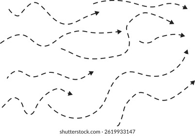 Curved dotted arrow icon set. Long dashed hand drawn squiggle. drawn squiggle. Arrow icons collection
