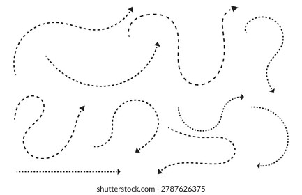 Curved Dotted Arrow Path Collection, Dashed Motion Lines and Direction Arrows Set for Navigation, Route or Infographic Design. Vector Illustration. 